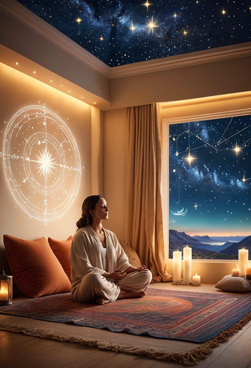 A serene scene depicting a cozy meditation space filled with soft cushions, candles, and astrological symbols subtly incorporated into the decor. Include a person practicing mindfulness with a backdrop of a starry night sky representing astrology, with gentle rays of light symbolizing well-being and happiness. The atmosphere should evoke tranquility and warmth. super-realistic. vibrant colors. soft-focus.