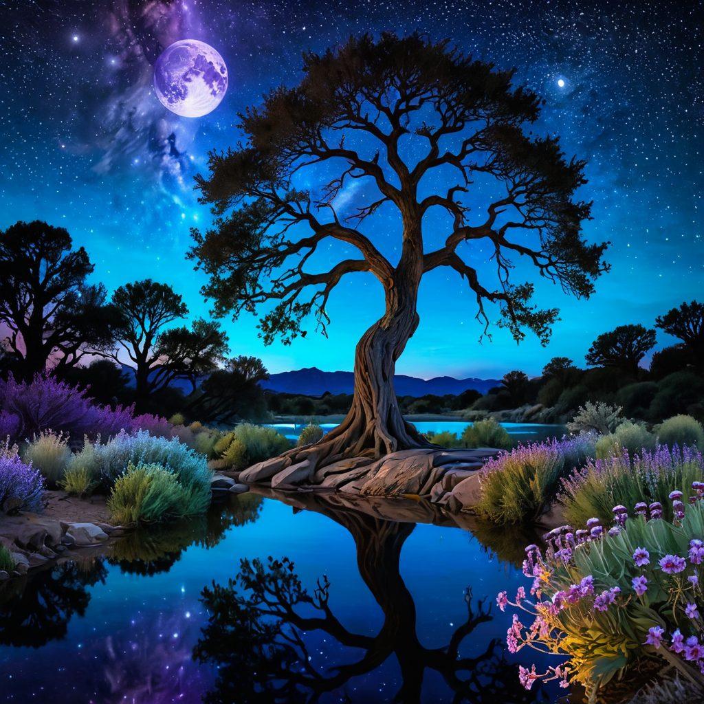 A serene landscape featuring an ancient sage sitting peacefully under a large, blooming tree, surrounded by swirling astrological symbols in a starry night sky. In the foreground, a calm river reflects the moonlight, symbolizing the journey from cheerful to blissful. Soft glowing orbs of wisdom float around, illuminating the sage's face, while ethereal light beams reach the earth. mystical and inspiring. vibrant colors. super-realistic.