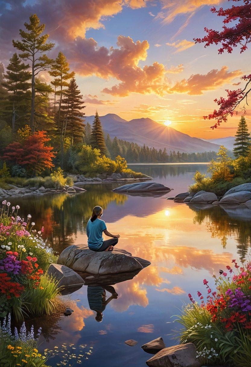 A serene landscape featuring a tranquil sunrise over a peaceful lake, symbolizing joy and contentment. Include a meditative figure sitting cross-legged on a rock, surrounded by blooming flowers and soft, radiant light. The backdrop should invoke a sense of spiritual wisdom with gentle rolling hills and wispy clouds. Capture an uplifting atmosphere that inspires blissful living. super-realistic. vibrant colors. 3D.